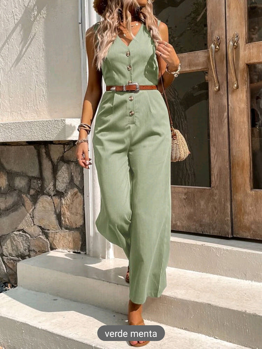 Enterizo unicolor con botones delanteros, sin cinturon