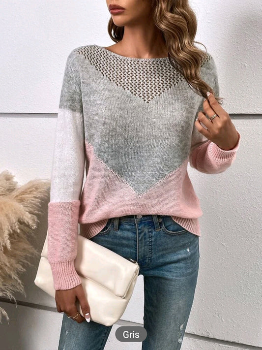 Sueter tejido de color combinado de cuello barco