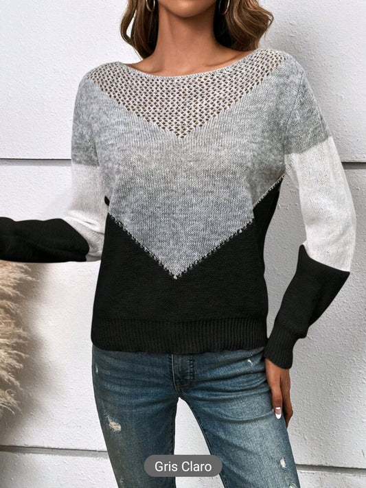 Sueter tejido de color combinado de cuello barco
