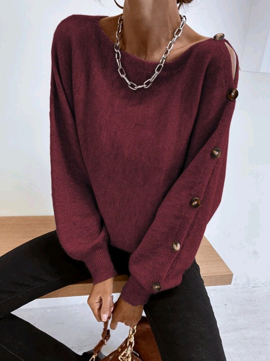 Sueter tejido con diseño de boton, de cuello barco