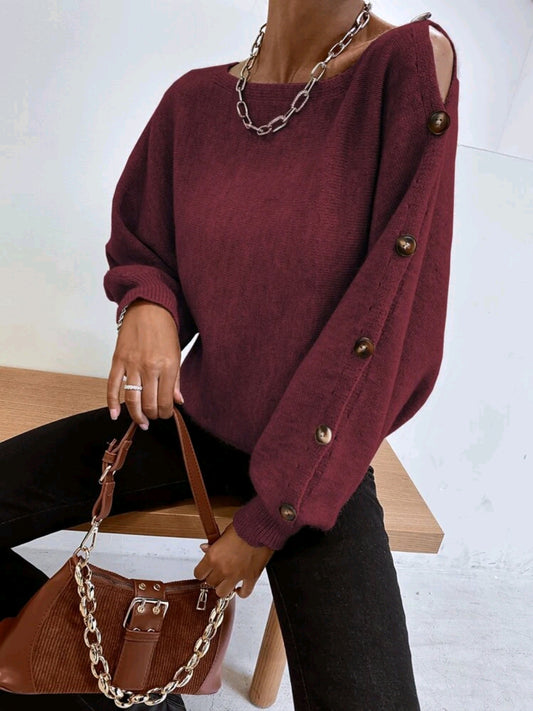 Sueter tejido con diseño de boton, de cuello barco