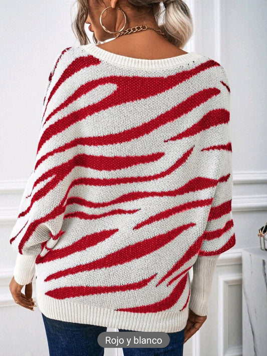 Sueter tejido con patron de rayas de cebra, de manga murcielago