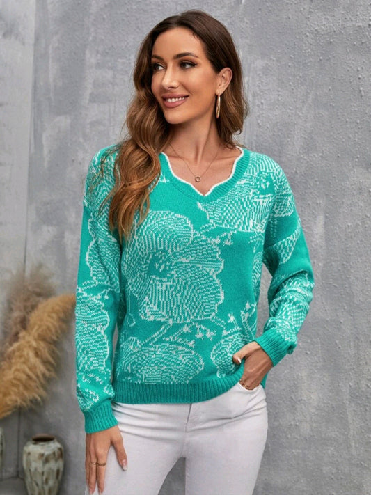 Sueter tejido con estampado floral, cuello curveado