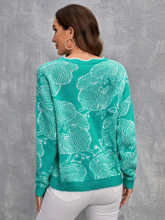 Sueter tejido con estampado floral, cuello curveado