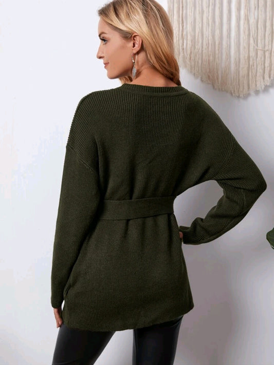 Sueter tejido largo con cordon