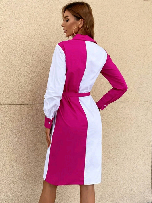 Vestido camisero de dos tonos con cinturon