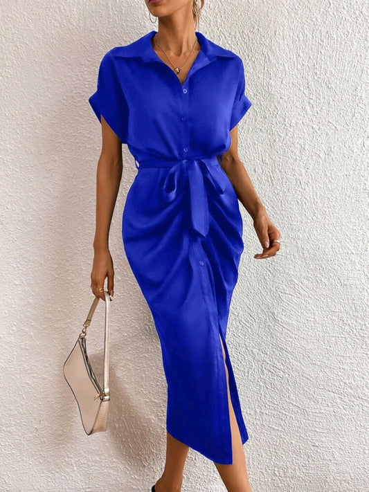 Vestido camisero de manga murcielago, drapeado con cinturon