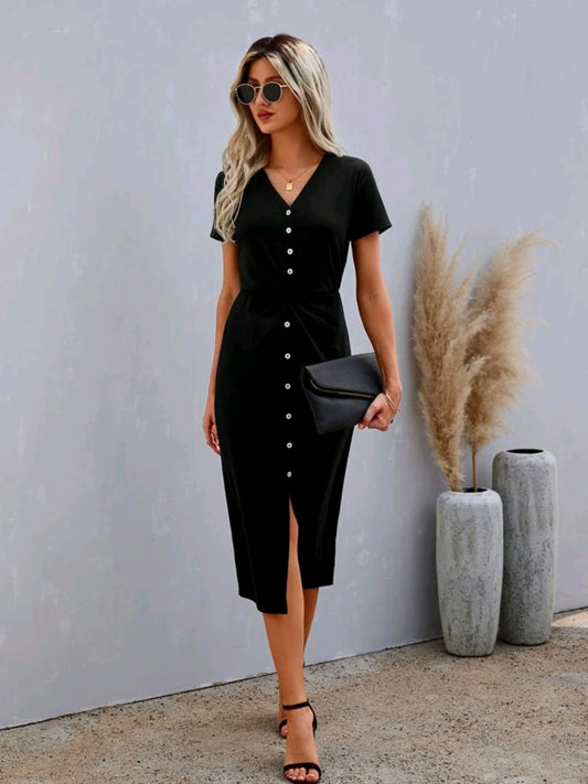 Vestido largo en cuello V, con botones delanteros funcionales