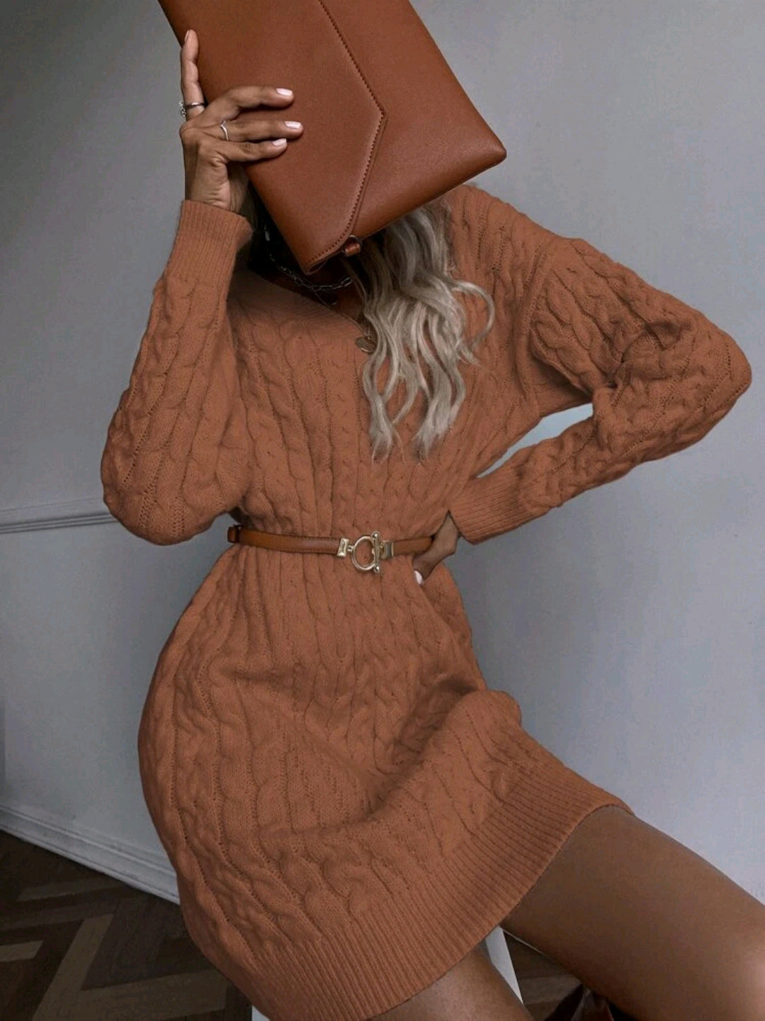 Vestido sueter tejido, en cuello V (sin cinturón)